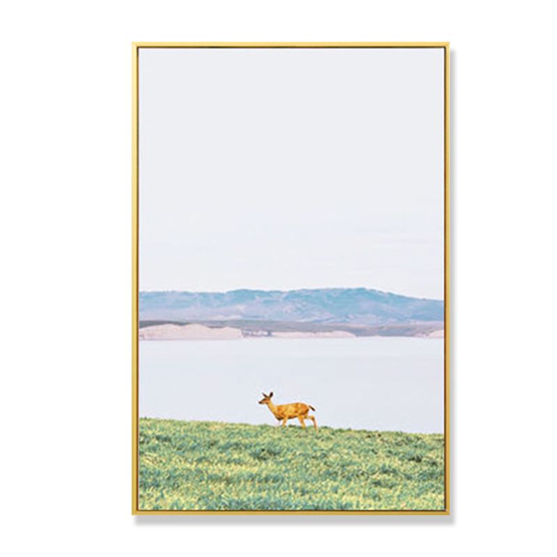 Rustic Deer on Grass Art Print Canvas Decorative Green Wall Decor for Great Room