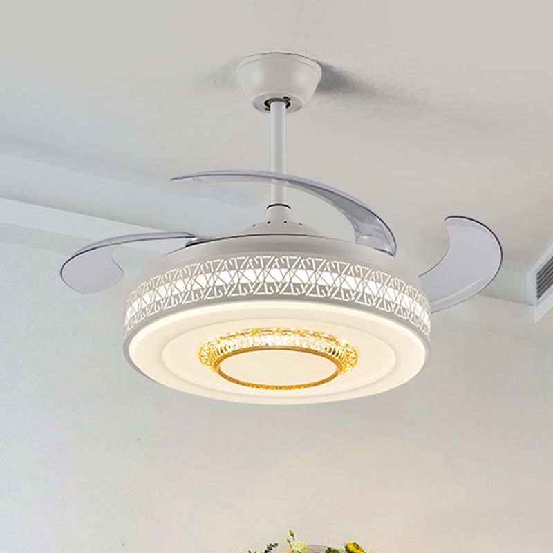 42 "Breedte Modernism Cirkel Hangdoekventilator Lamp LED Acryl Semi Flush Mount plafondlicht in wit met 4 heldere messen, op afstand/wandregeling