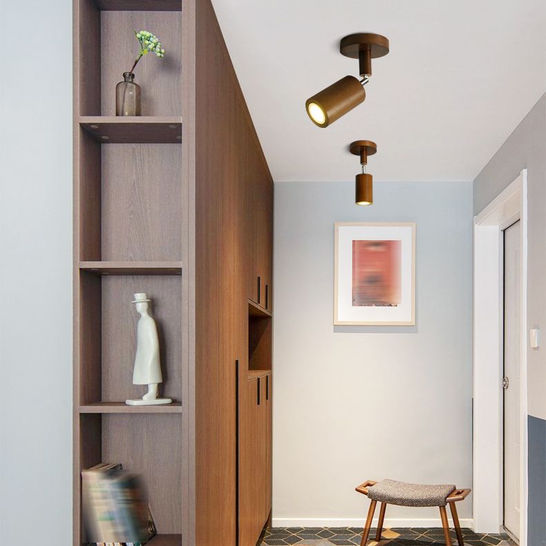 Modern Wood Flush Mount Cylinder Shape Ceiling Light with Glass Shade for Living Room
