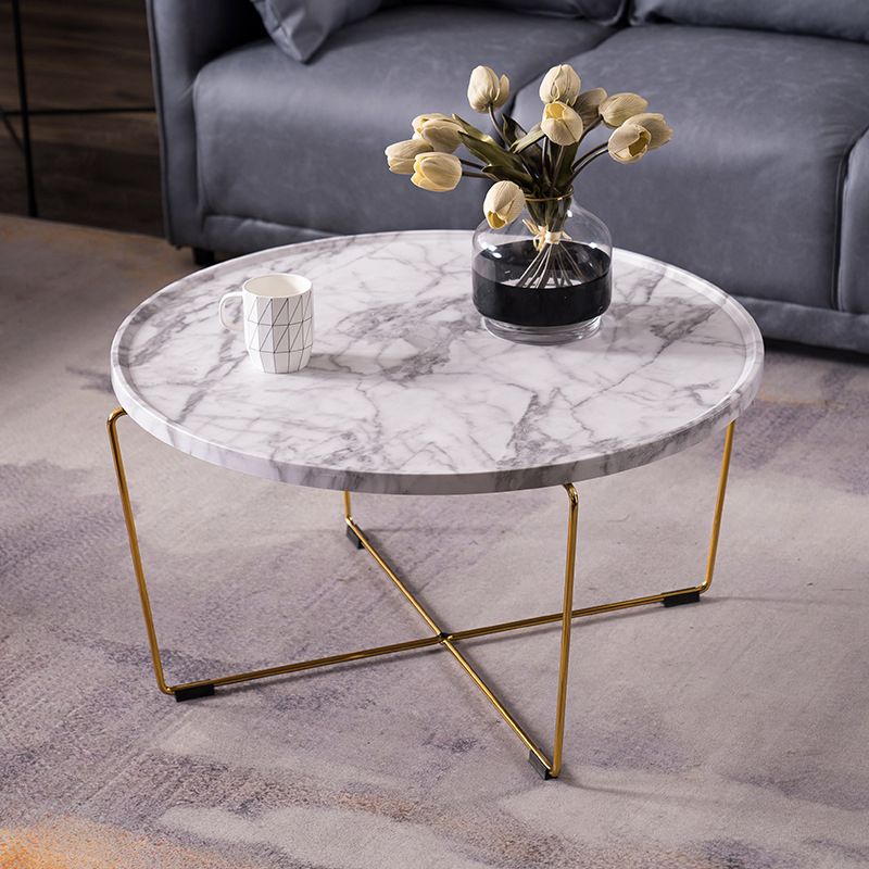 Cross Leg Base Design White/grey Faux Wood Top Metal Iron Round Coffee Table