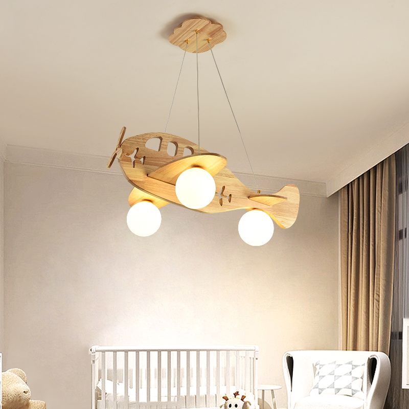 Modern Artistic Airplane Chandelier Wooden Indoor Hanging Lamp with White Glass Shade