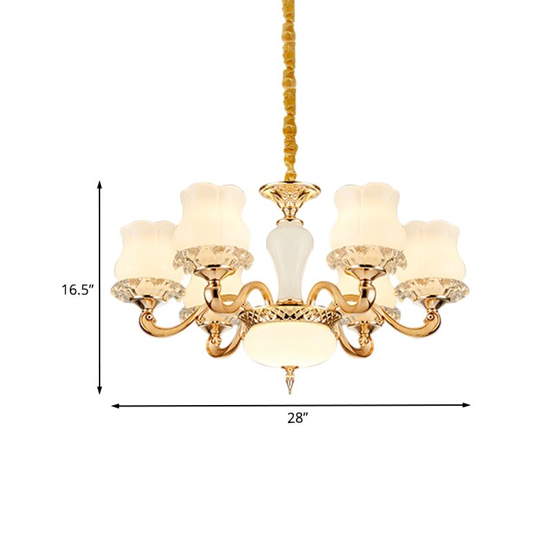 Lámpara de suspensión de flores vintage 6/8 luces luminosos de lámpara de vidrio lechoso con brazo en oro para dormitorio
