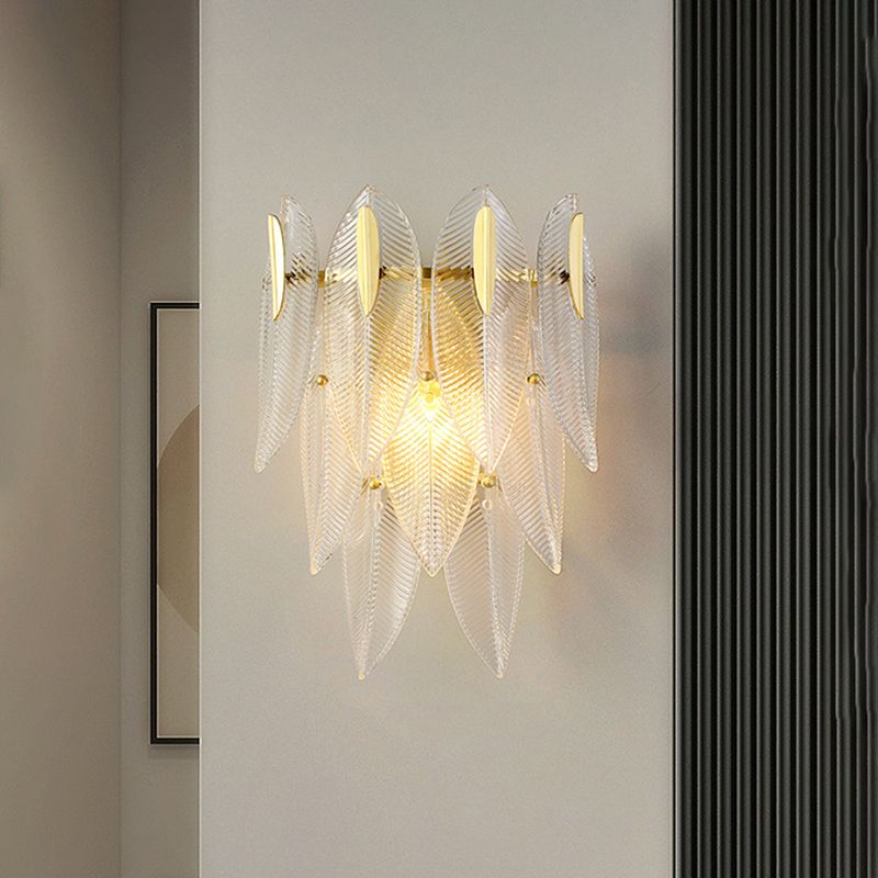 Prismatic Crystal Leaf Wall Sconce Light Minimalist 2 Lights Gold Wall Light Fixture