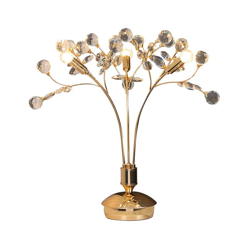 Lampada da comodino in cristallo smussato a globo Stile semplice 3 luci Illuminazione da scrivania in oro con piedistallo circolare