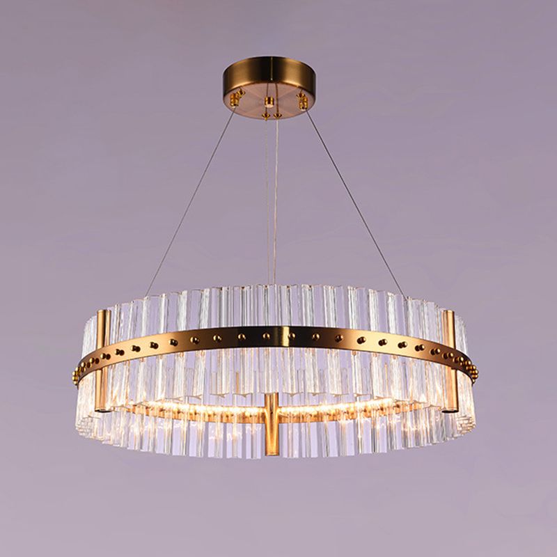 Gold Plated Round Chandelier Lamp Minimalist Crystal LED Hanging Light with Riveted Detail