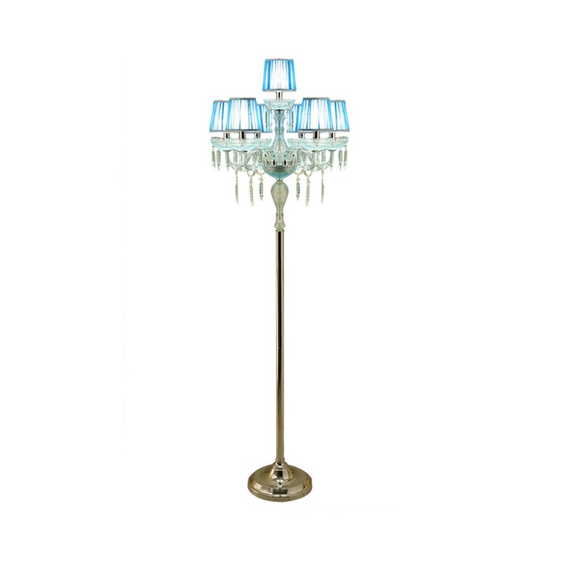 Azul 5/6/7 bombas Ligera de lámpara de lectura de candelabra de cristal tradicional con sombra plisada de barril