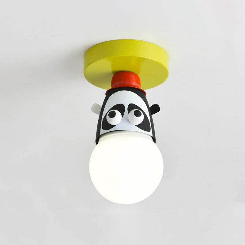 Single Bulb Bedroom Semi-Flush Mount Lighting Kids Yellow Ceiling Lamp with Giraffe / Monkey / Tiger Metal Shade