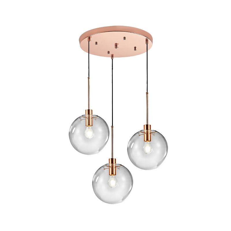 Rose Gold Round Cluster Pendant Light Minimalist 3-Bulb Clear Glass Ceiling Hang Fixture