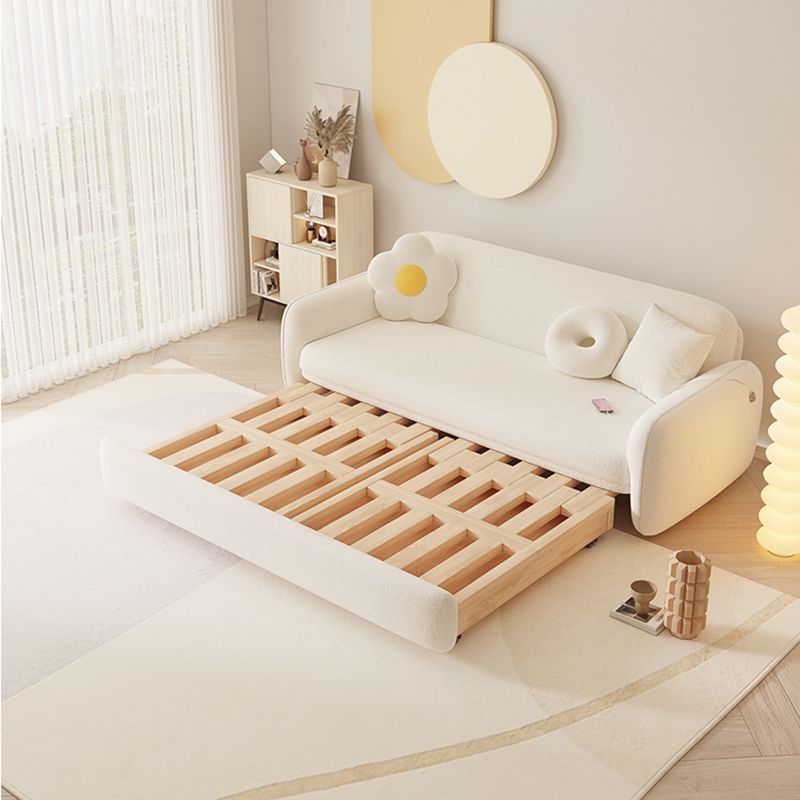 Glam White Wool Futon Sleeper Sofa with Storage in Solid Wood