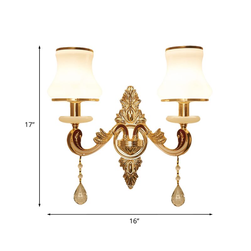 2 Heads Wall Sconce Vintage Bedroom Wall Mount Lamp with Curved Milk Glass Lampshade in Gold