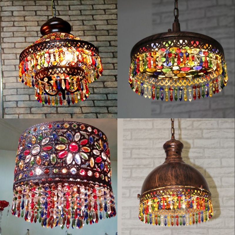 Drum Metallic Suspension Lamp Bohemian 3 Heads Living Room Chandelier Light with Crystal Deco in Red