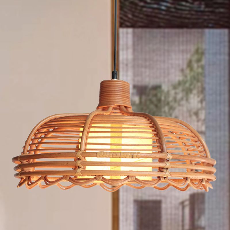 Shallow Bowl Bamboo Braided Drop Lamp Chinese Style 1 Head Beige Ceiling Pendant with Cylinder Shade Inside