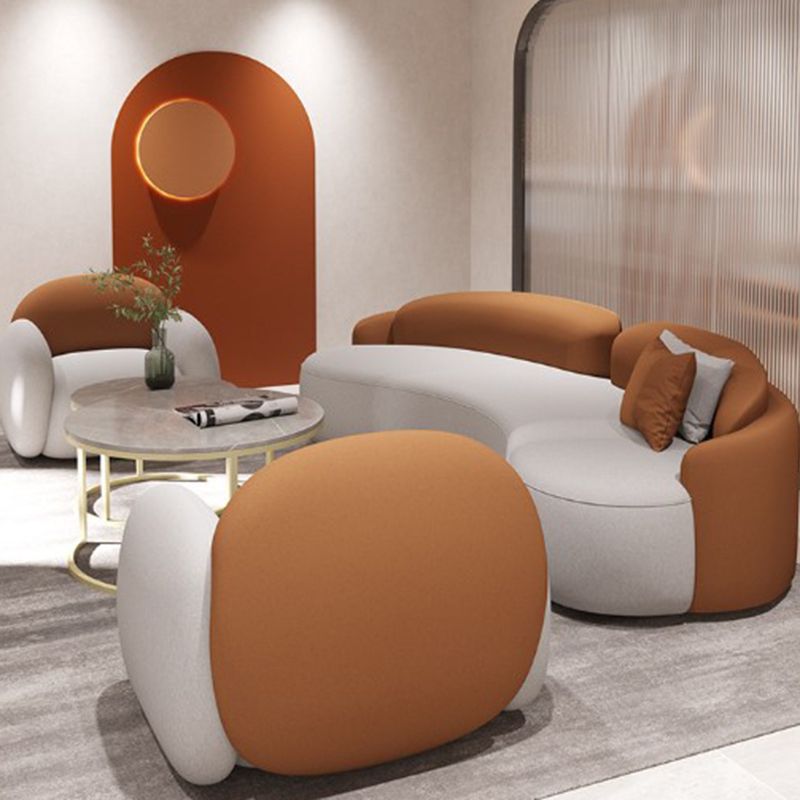 Curved Cushions Sofa Contemporary Faux Leather Seating in White and Orange
