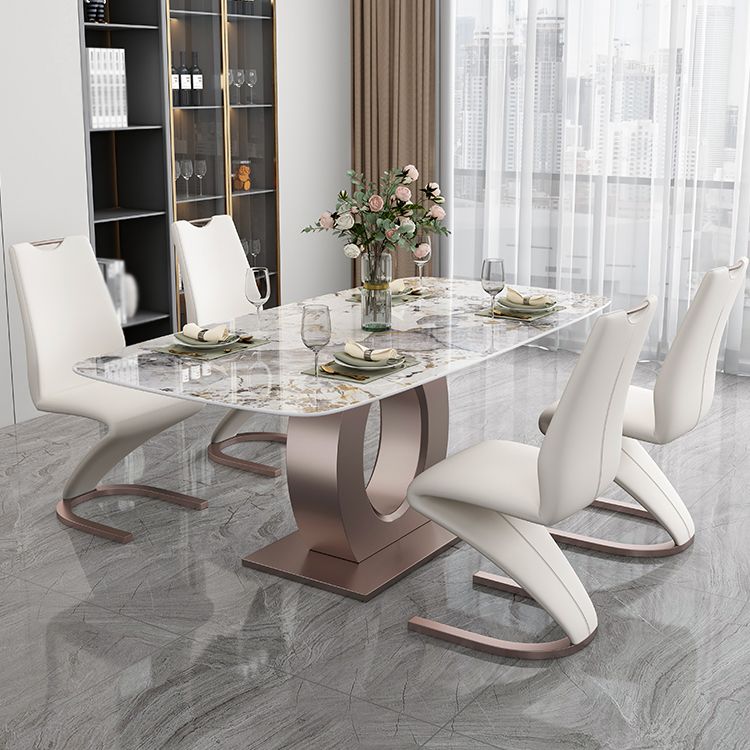 Luxury Sintered Stone Top Table Rectangle Table with Single Pedestal in Rose Gold