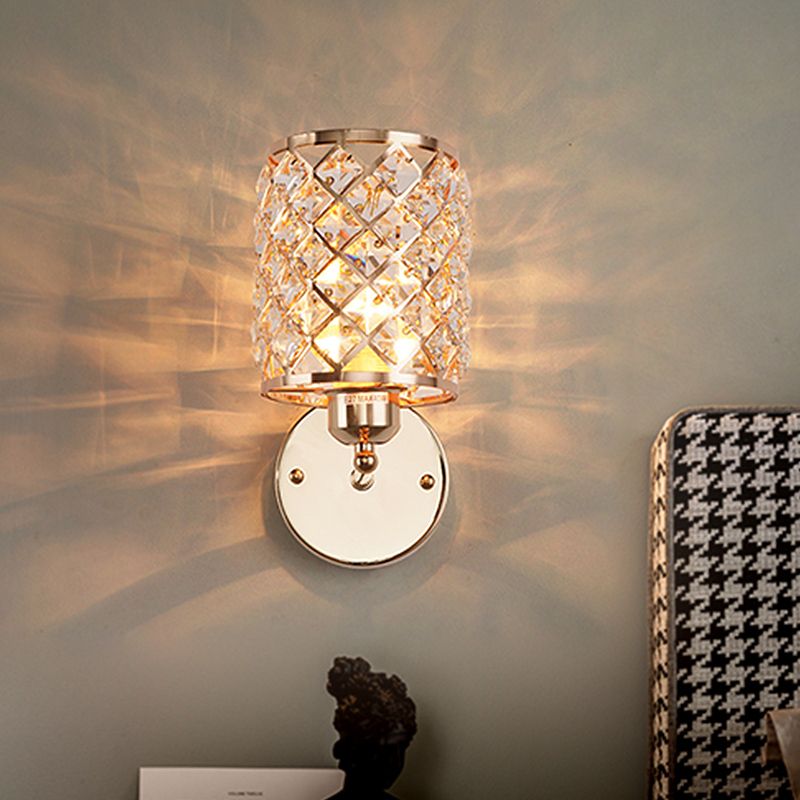 1 Lampenkristalleingefügte Wandleuchte Einfaches Goldzylindrisch -Gitter -Wohnzimmer Lampe Lampe