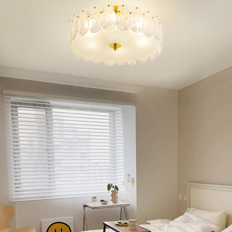 Gold Metal Semi Flush Mount Light Fixture Traditional Drum Bedroom Semi Flush Lamps with Glass Shade