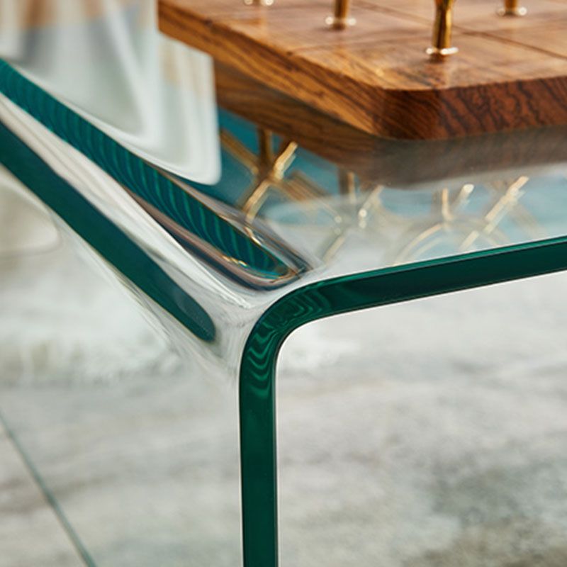 Modern Rectangle Glass Coffee Table Sled Base Cocktail Table with Shelf