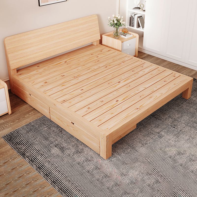 Natural Platform Bed Solid Wood Standard Bed with Rectangular Headboard