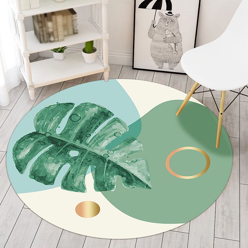 Round Solid Color Simplicity Indoor Rug Polyester Plant Print Rug Easy Care Indoor Rug for LBedroom