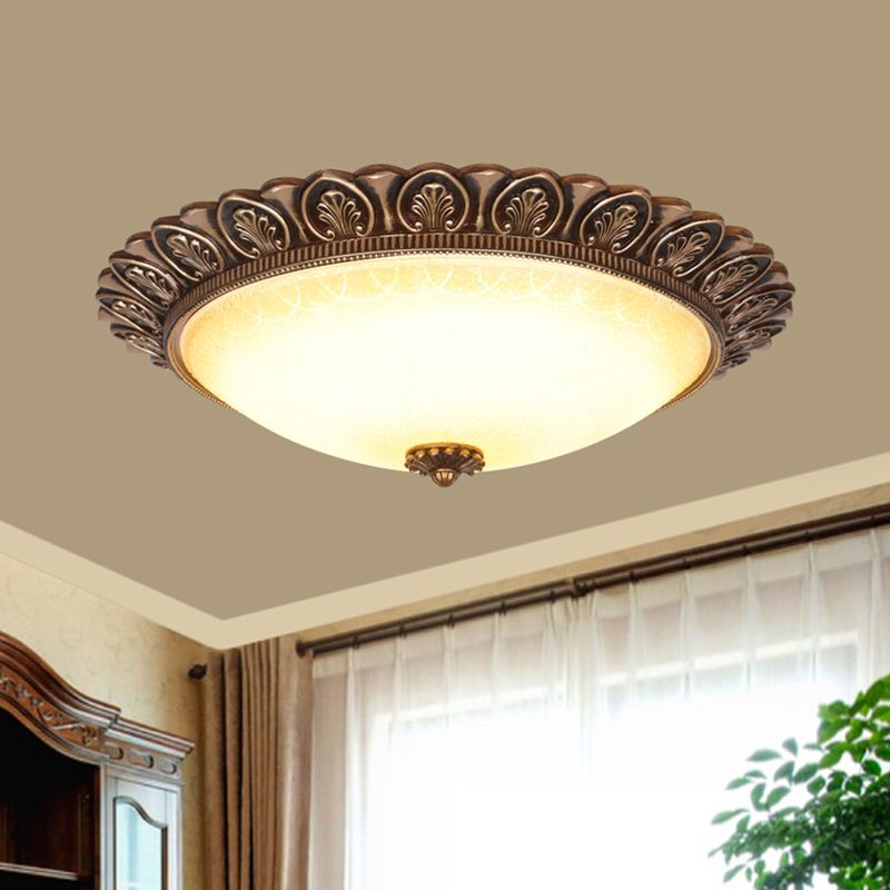 LED Flush Ceiling Light Antique Leaf-Trimmed Dome Frosted Glass Flushmount Lighting in Gold