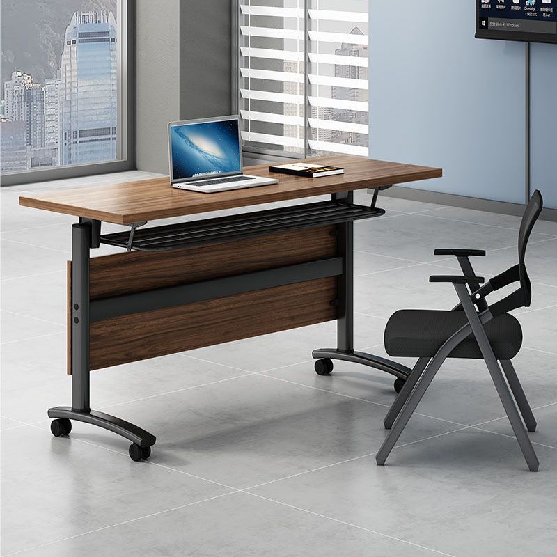Modern Folding Office Desk Brown Movable Task Desk with Wheels for Meeting Room
