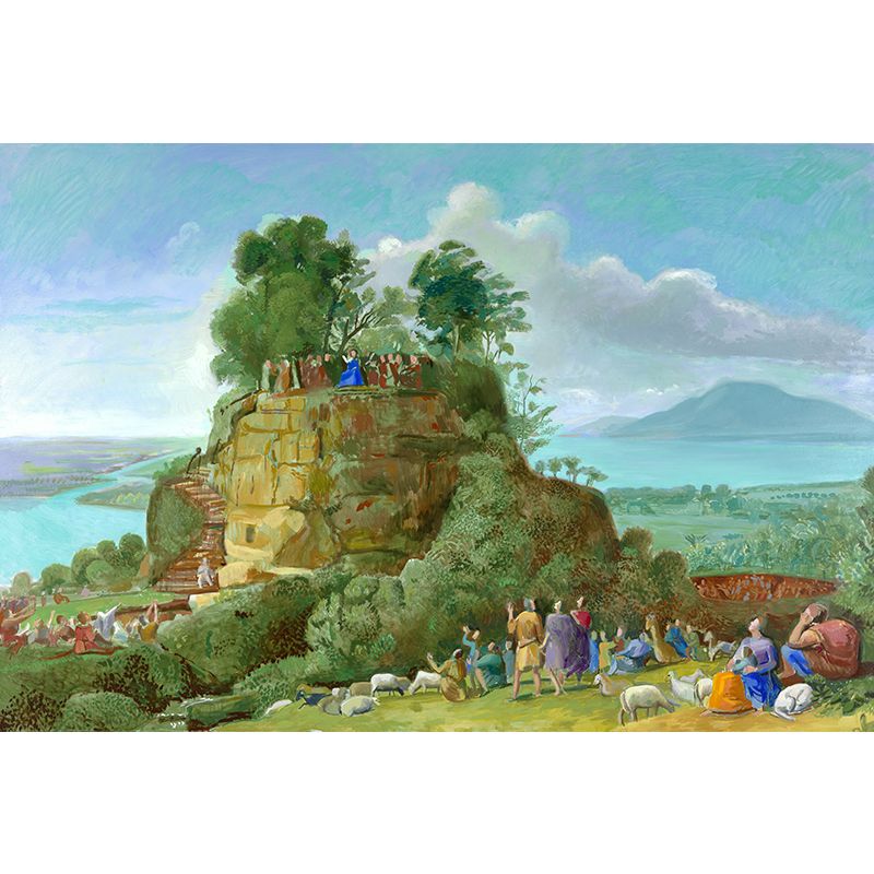 Sermon on the Mount Murals in Blue and Green Art Deco Wall Covering for Living Room