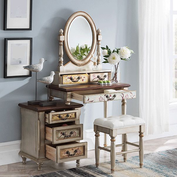 Victorian Wood Vanity Table with Mirror and Stool 15.75" D Vanity Table Set