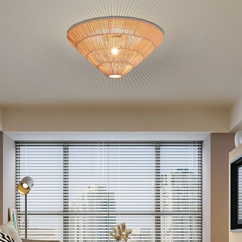 Cone Shape Ceiling Light Fixture Rattan Flush Mount Light for Living Room