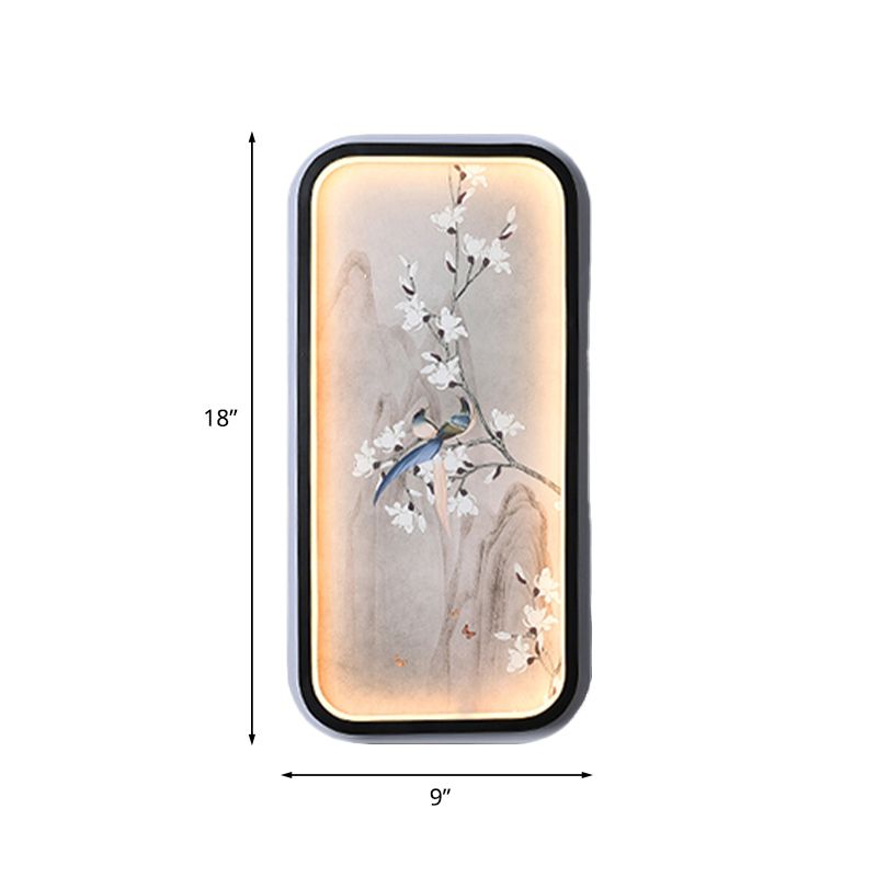 Bird and Flower Drawing Fabric Mural Lamp Chinese Black and White LED Wall Mounted Lighting