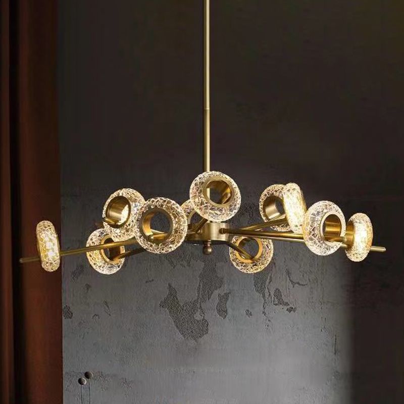 Crackled Crystal Glass Rings Pendant Lighting Postmodern Brass Finish Chandelier for Diner