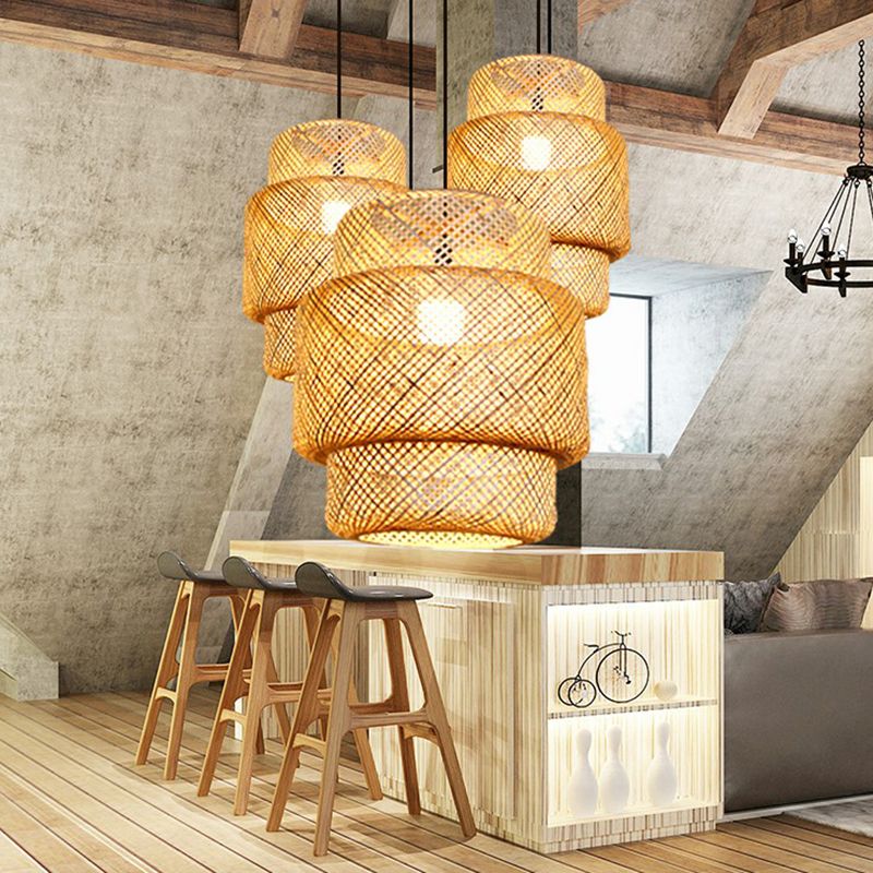 Lantern Ceiling Suspension Lamp Asia Bamboo 1-Light Beige Pendant Lighting for Corridor