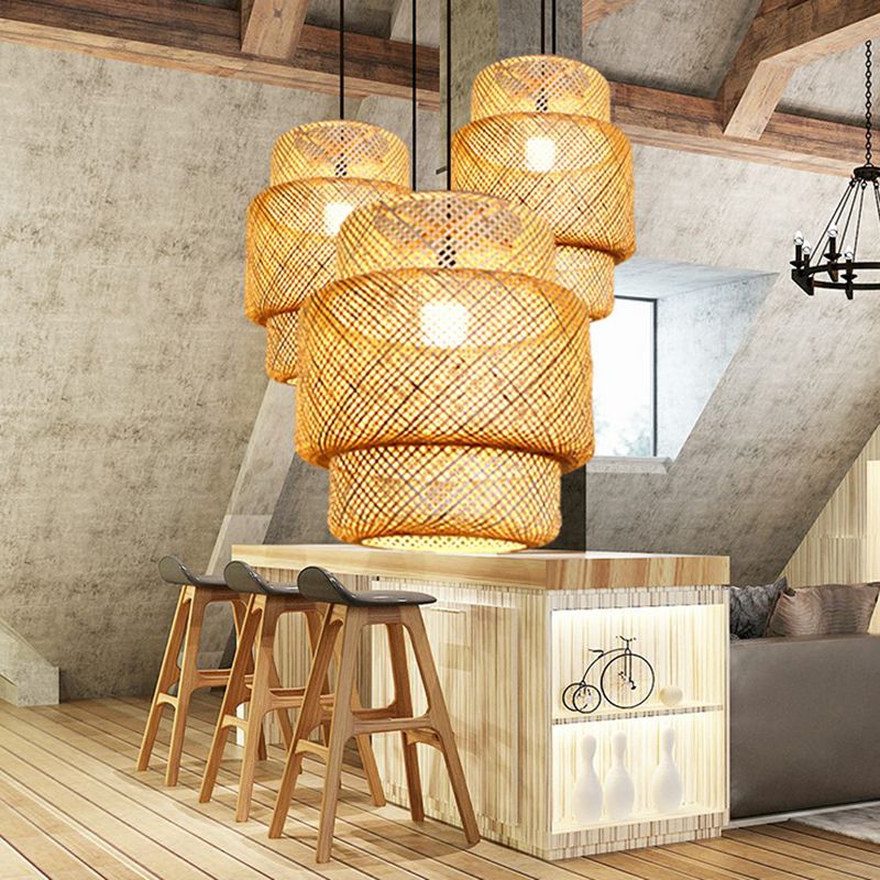 Laterne Deckensuspension Lampe Asien Bambus 1-Licht beige Anhängerbeleuchtung für Korridor