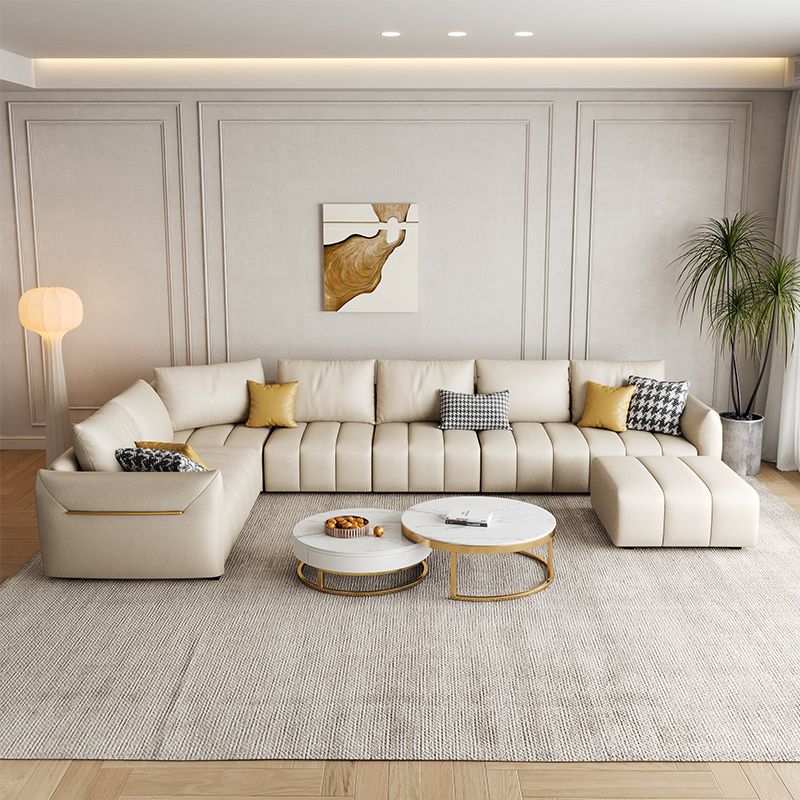 Contemporary Square Arm Loose Back Sofa and Chaise Beige Faux Leather U Sofa