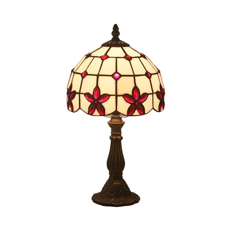 Lattice Bowl White Glass Table Lamp Victorian 1 Light Red/Yellow/Blue Flower Patterned Nightstand Light