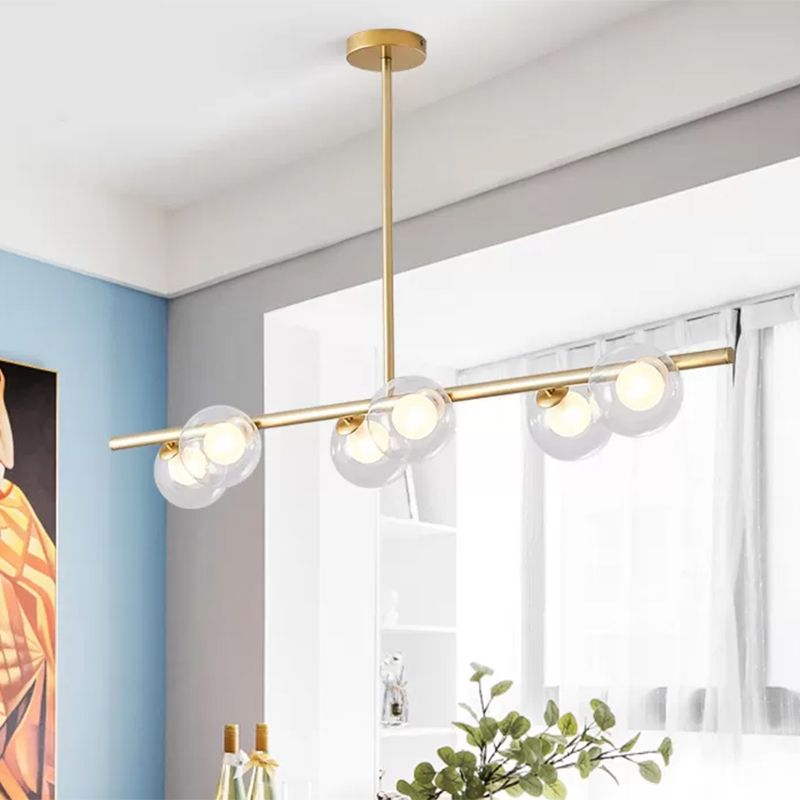 Clear Glass Ball Island Light over Dining Table 6 Light Modern Metallic Hanging Chandelier in Black/Gold