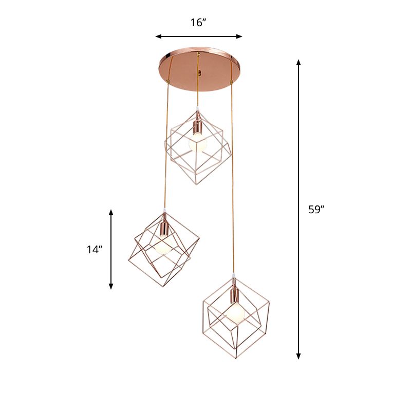 Rose Gold Finish Cube Cage Multi Ceiling Light Modern 3 Bulbs Iron Ceiling Suspension Lamp with Round Canopy
