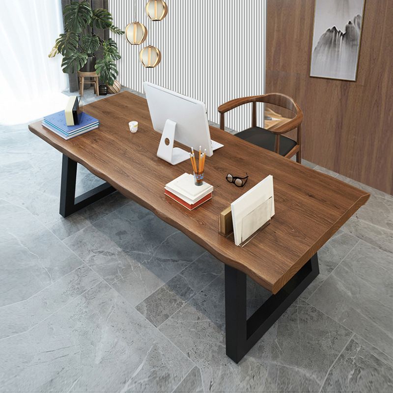 Modern Style Office Desk Brown Solid Wood Irregular Writing Desk