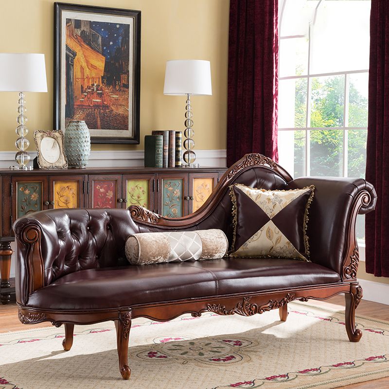 Traditional Dark Brown Genuine Leather Chaise Rolled Arms Tufted Accent Chair
