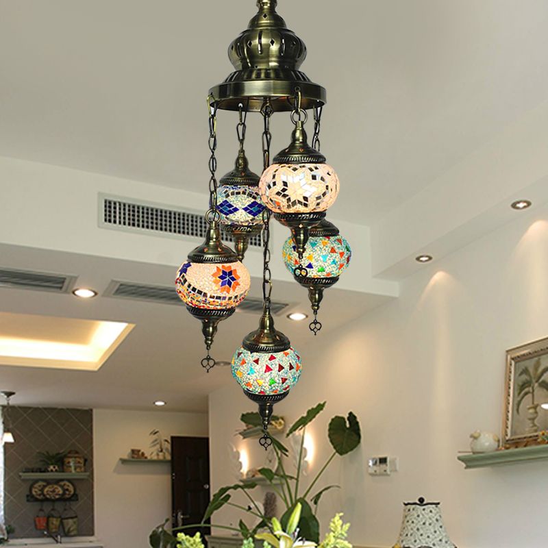 Oval Living Room Chandelier Lighting Traditional Stained Glass 5 Heads White/Orange/Blue Hanging Ceiling Light