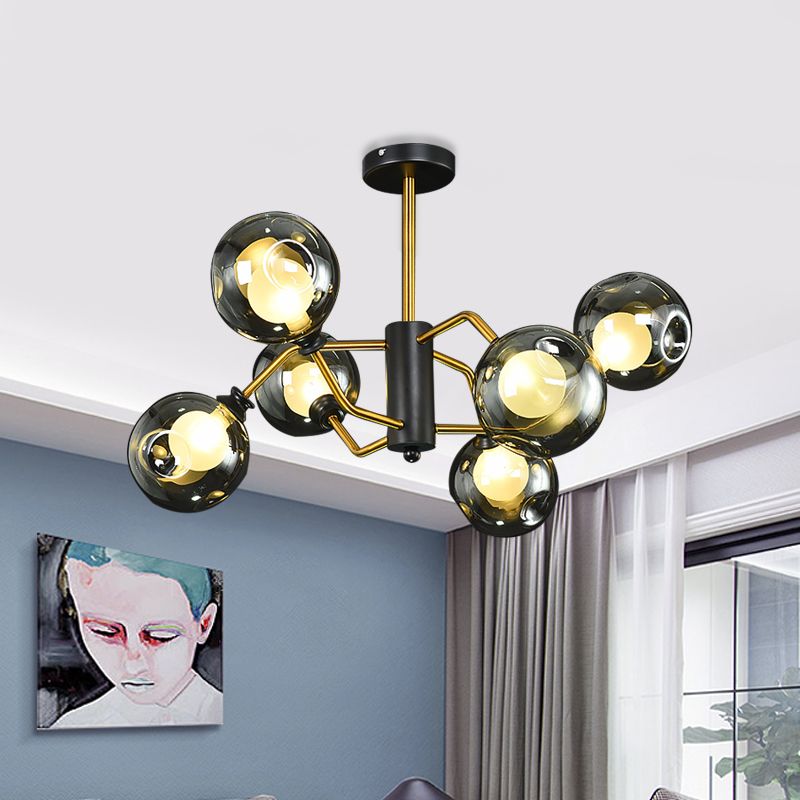 Luz de techo de semi rascillo curvado Modernismo Metal 6 cabezas Candelera de al ras de latón con humo gris tono de vidrio de hoyuelos