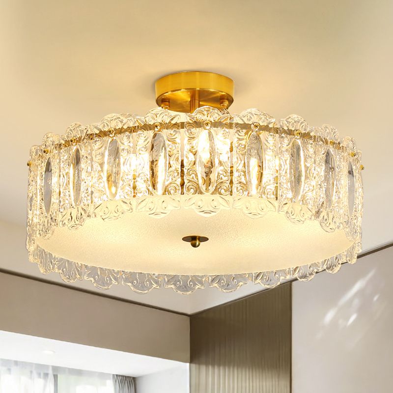 Modern Semi Flush Mount Light Glass Light Fixture in Brass for Living Room