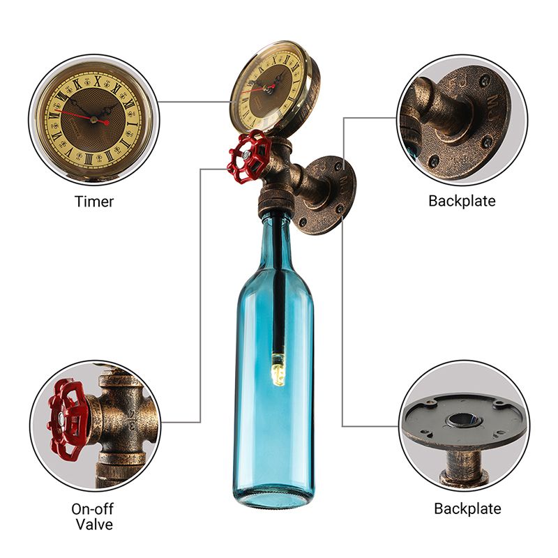 Brown/Blue Bottle Wall Sconce Lamp Vintage Stylish Glass 1 Bulb Living Room Wall Lighting with Gauge and Valve