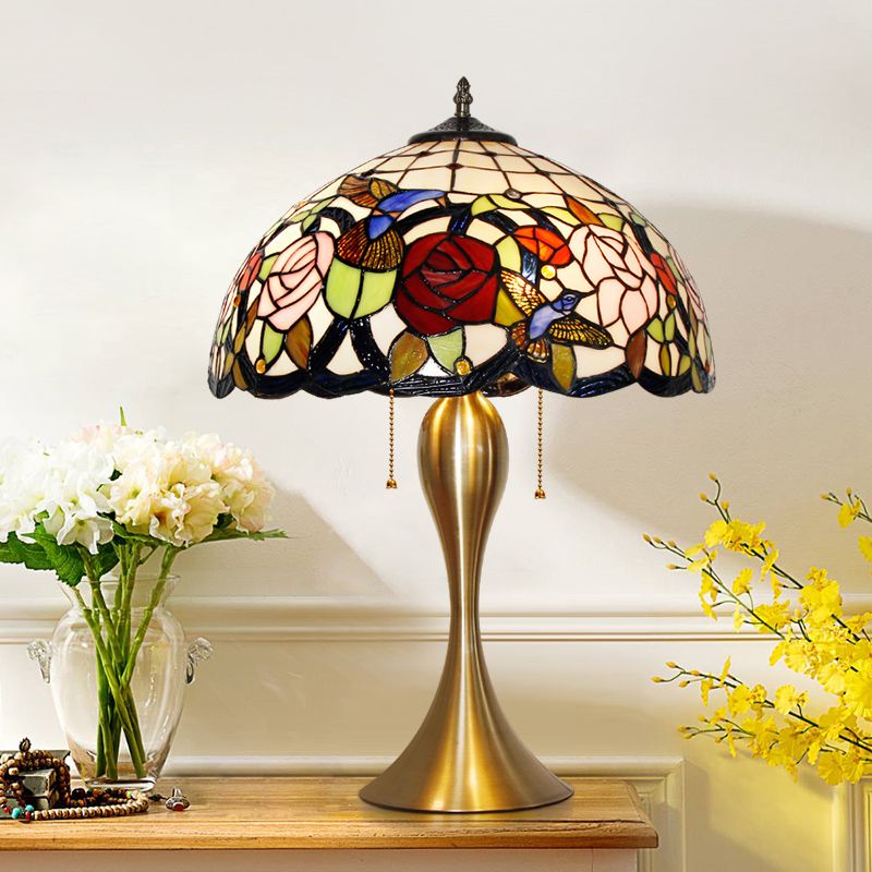Lampada da comodino a cupola tradizionale vetro colorato 3 teste in ottone a catena leggera con motivo floreale e uccello