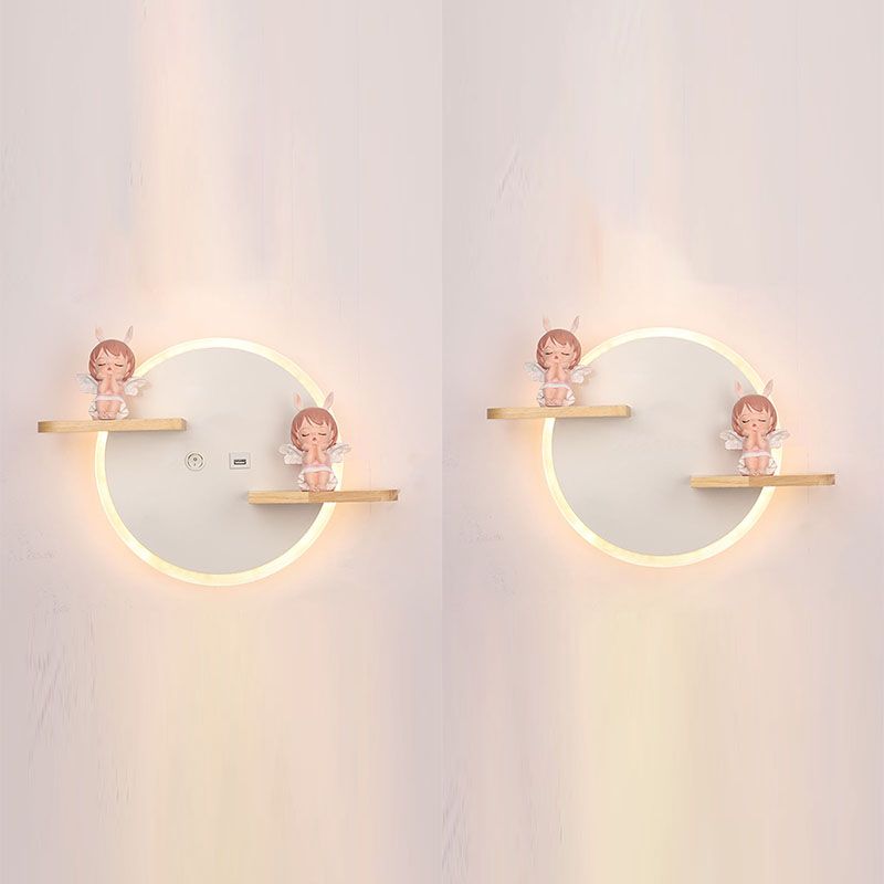 LED Circle Wall Sconce Nordic Wooden Kids Bedroom Wall Light with Shelf and Figurine