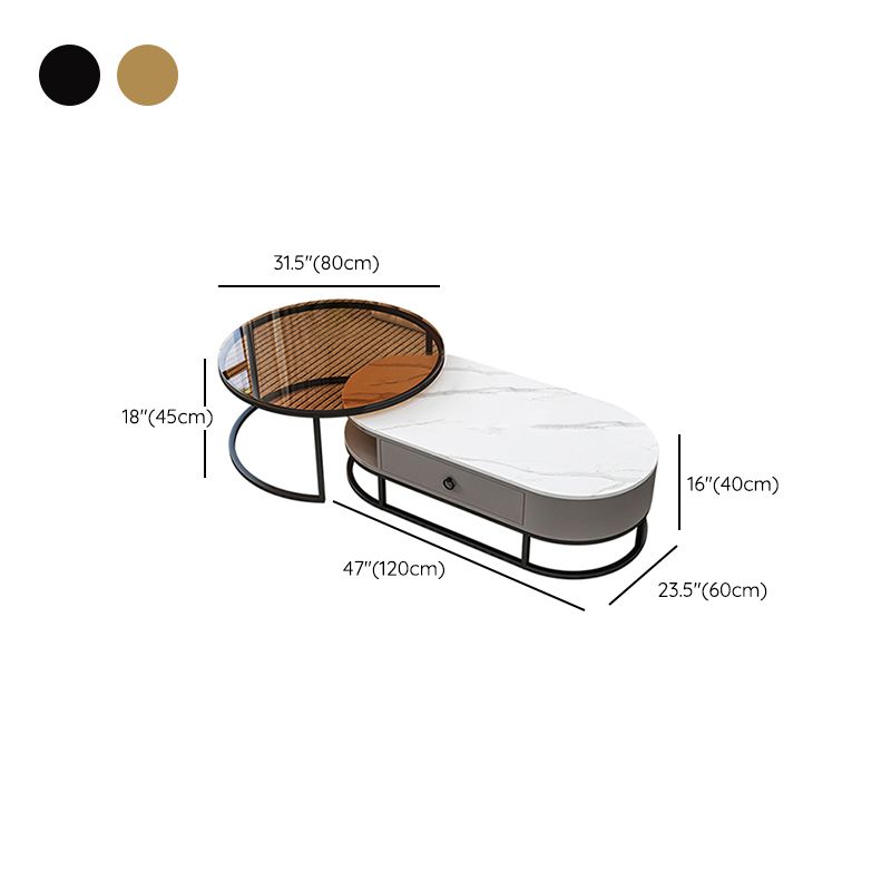 Oval Glass & Slate Coffee Table Set Frame Cocktail Table with Drawers
