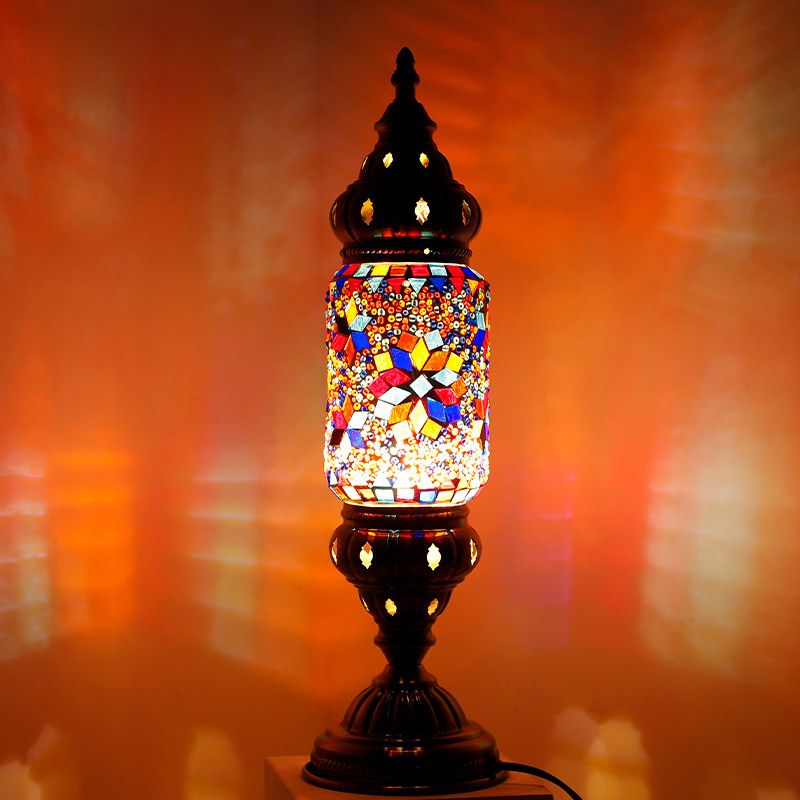 Moroccan Cylindrical Table Light 1-Bulb Handcrafted Mosaic Glass Night Stand Lamp