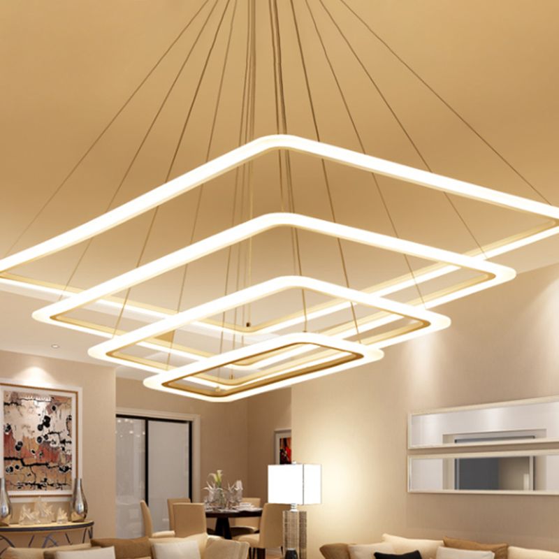 Lampadario a strati rettangolari a sospensione a sospensione contemporanea salone metallico a led luce in bianco
