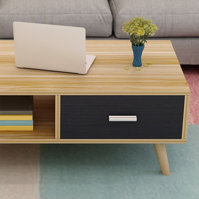 Contemporary Cocktail Table 4 Legs Wood with Drawer Rectangular Single Coffee Table