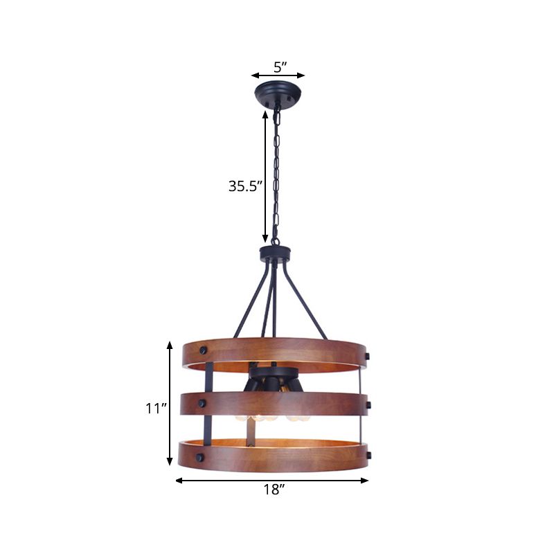 Brown 5 Heads Chandelier Lighting Rustic Wooden Round Suspension Lamp for Dining Room