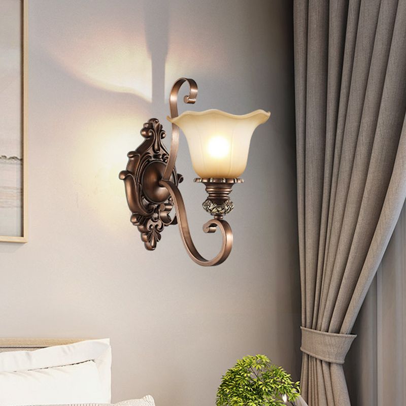 Frosted Glass Floral Shade Wall Light Classic Living Room Wall Lighting Fixture in Brown